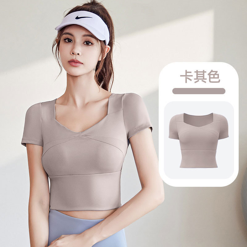 Juyitang costura ropa de Yoga de secado rápido con almohadilla en el pecho yoga manga corta sensación desnuda slim fit adelgazamiento deportes fitness top