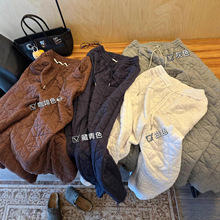 美式菱格压线夹棉卫裤女秋冬宽松直筒休闲裤松紧腰阔腿棉长裤ins