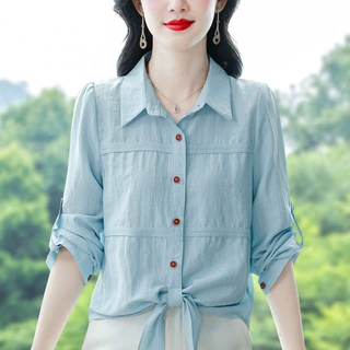 工厂直销2026春季苎麻长袖衬衫女下摆打结系带设计感小众洋气上衣