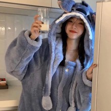 史迪仔睡衣女秋冬季珊瑚绒加绒浴袍冬天情侣睡袍长款男生卡通睡袍