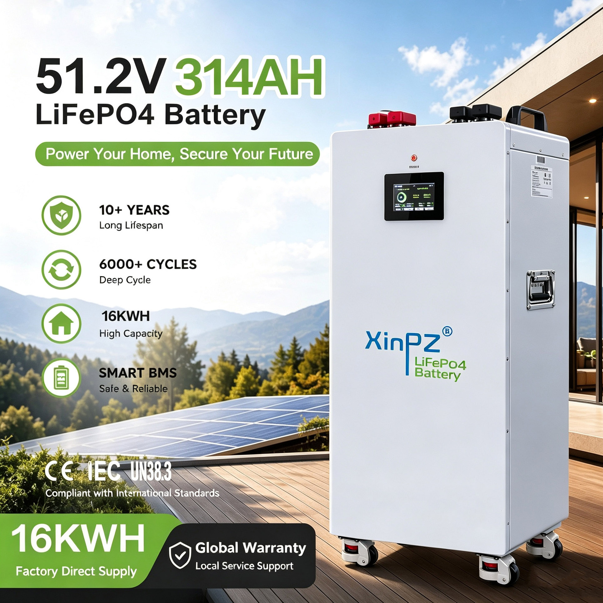 51.V314AH 16KWH batería de almacenamiento de energía doméstica batería de fosfato de hierro de litio suministro de energía de almacenamiento de energía