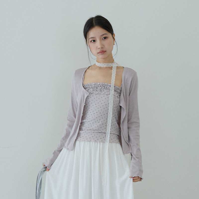 Oufan Light Purple Korean-Style Long-Sleeve Cardigan + Floral Camisole + Lace Ribbon Spring/Summer Layered Outfit Set 11172