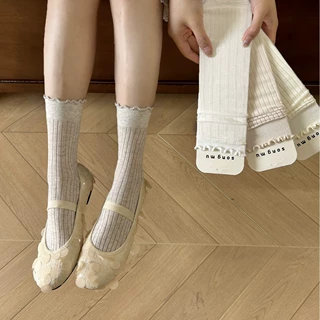 songmu袜子女花边抽条中筒袜薄款透气堆堆袜吸汗无骨白色芭蕾风