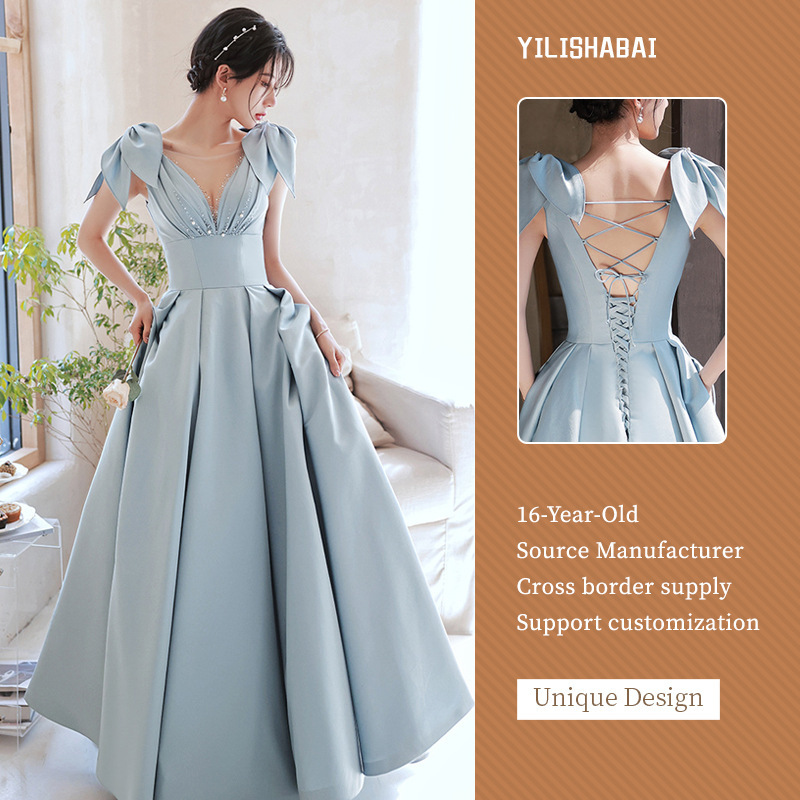 Satin Evening Dress for Women 2026 New French Style Backless Elegant Ladylike Birthday Host Show Dress Slimming Gown