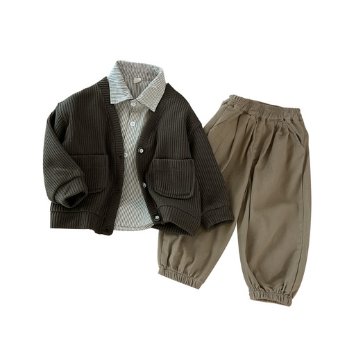 Boys suit 2024 spring new style knitted jacket Korean style shirt and trousers three-piece set for children and middle-aged children dropshipping