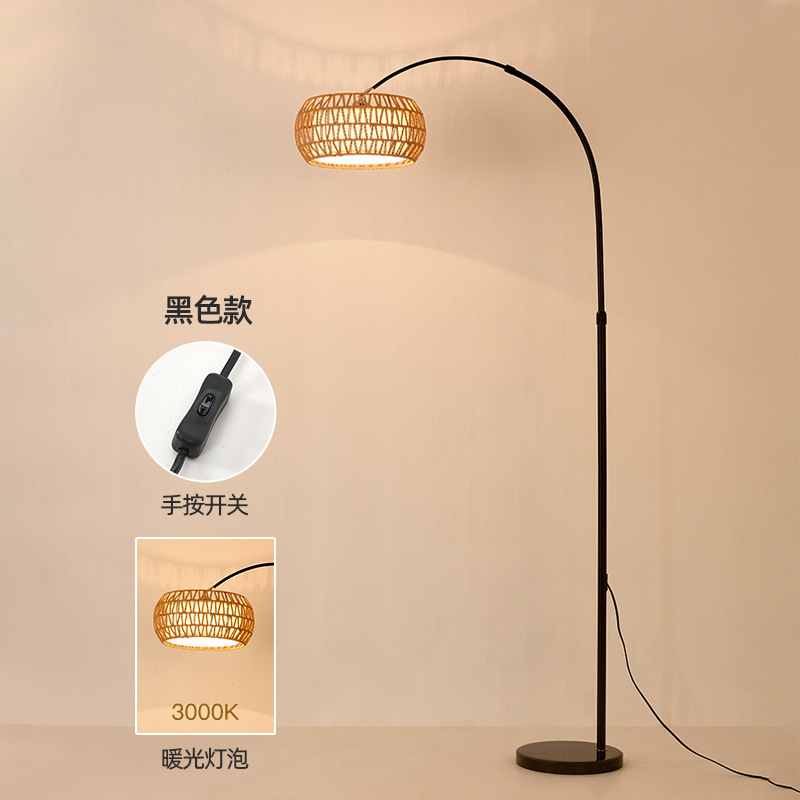 블랙 폴 + 곡선형 손으로 짠 로프 갓 12W 따뜻한 전구