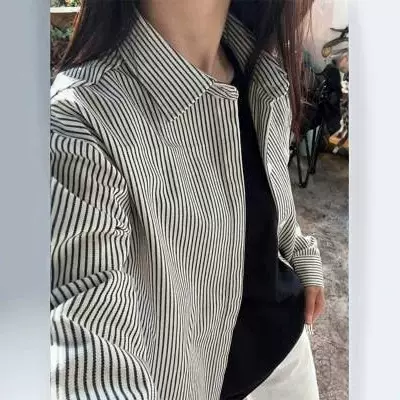 黑色条纹衬衫男长袖上衣外套潮牌高级感宽松情侣衬衣韩风chic套装