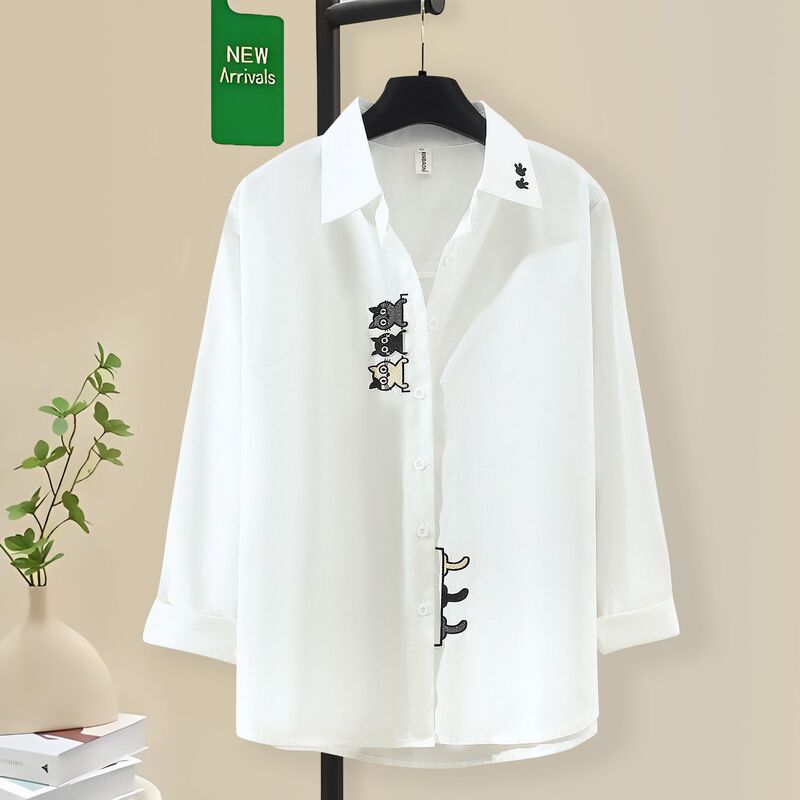 Shirt Women's 2025 New Small Clear Cute Cat Embroidered Shirt Women's Long-sleeved Student's All-match Top