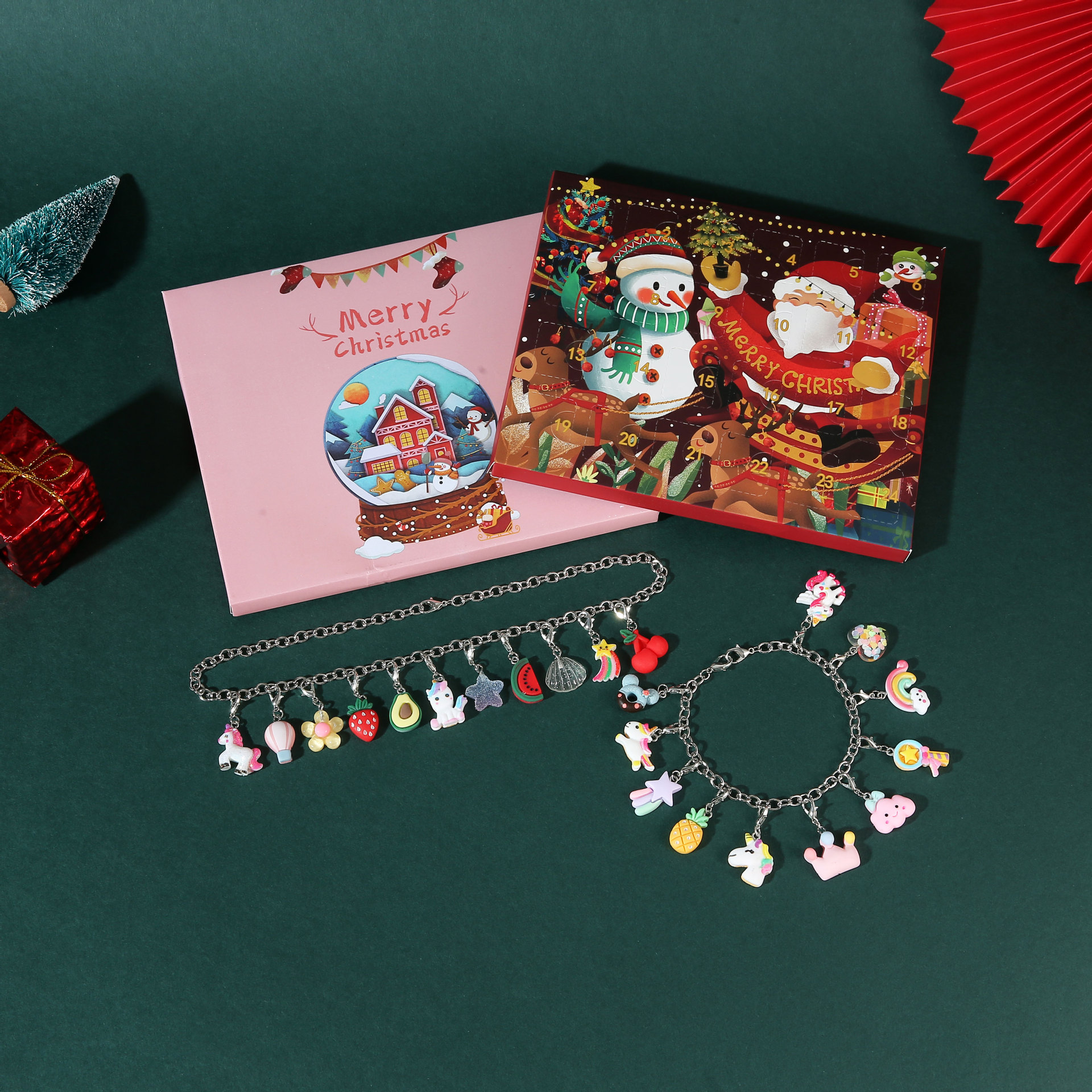 Nueva Navidad niñas joyería regalo cuenta atrás calendario Adviento DIY pulsera ciega caja de dibujos animados unicornio caja de regalo