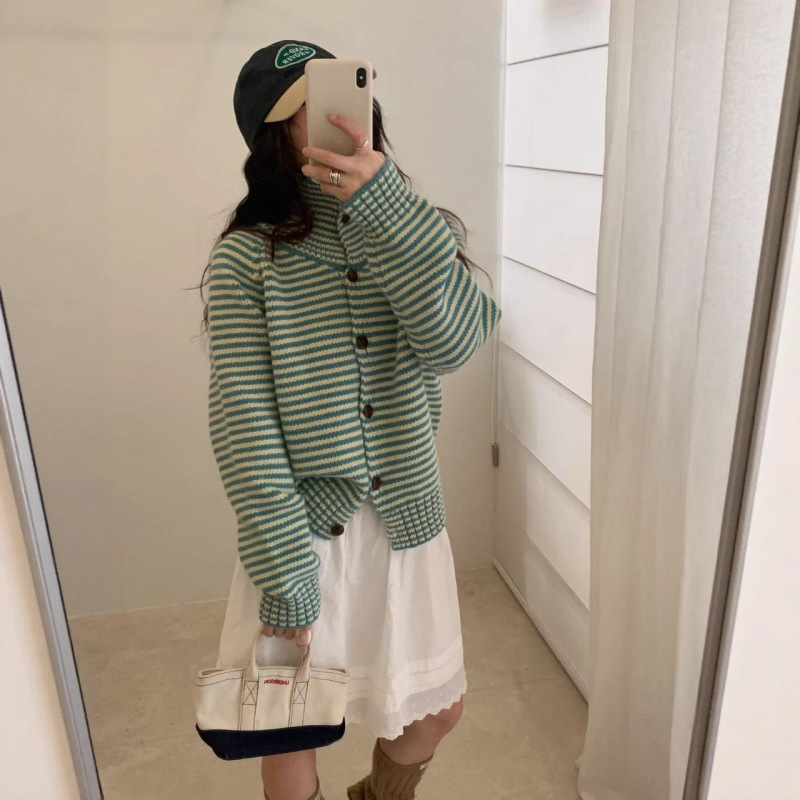 宽松慵懒风撞色条纹翻领长袖针织开衫女秋冬新款软糯立领毛衣外套|undefined