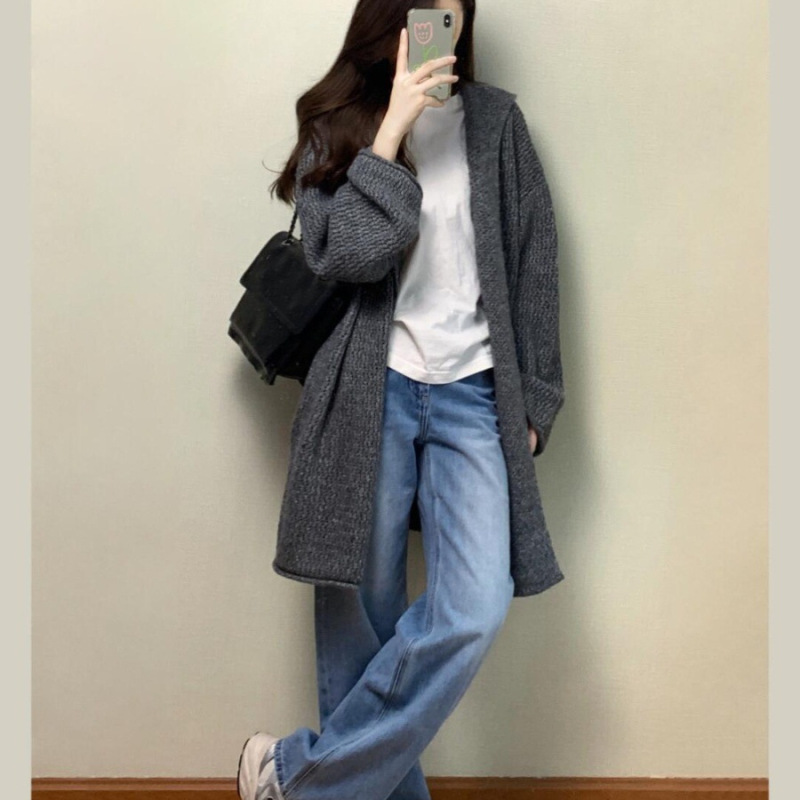 灰色中长款连帽毛衣外套女早秋季韩系气质宽松慵懒松弛感针织开衫|undefined
