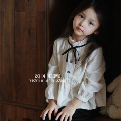 女童休閒長袖花邊領襯衫2024春秋季新款兒童百搭襯衣時尚純色上衣