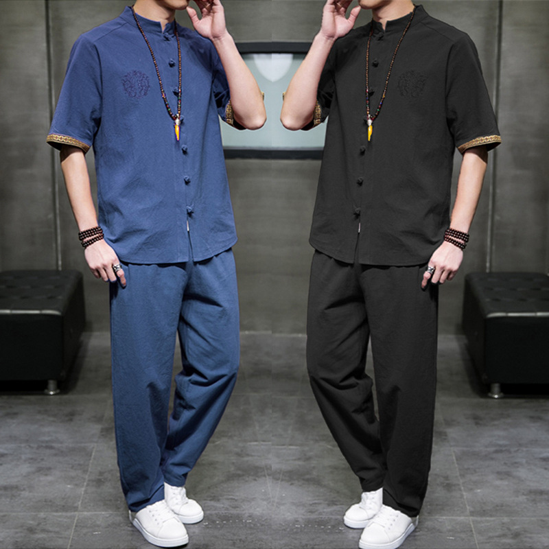 Chinese Style Men's Linen suit Summer Thin Tang Suit Hanfu Two-Piece Chinese Style Cotton Linen Tea Zen Jushifu Fashion