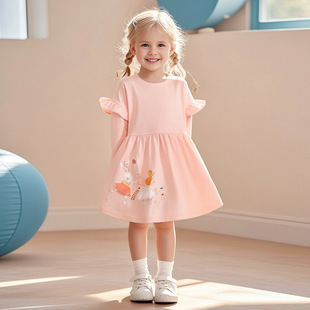 Source Factory Export Girls' Skirts Wholesale Autum Lotus Leaf Sleeve Kidsren's Skirts Cartoon Heat Transfer Cotton Kidsren's Skirts