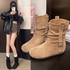 韩版圆头手工褶皱堆堆靴中筒靴女新款套筒显瘦粗跟西部牛仔靴