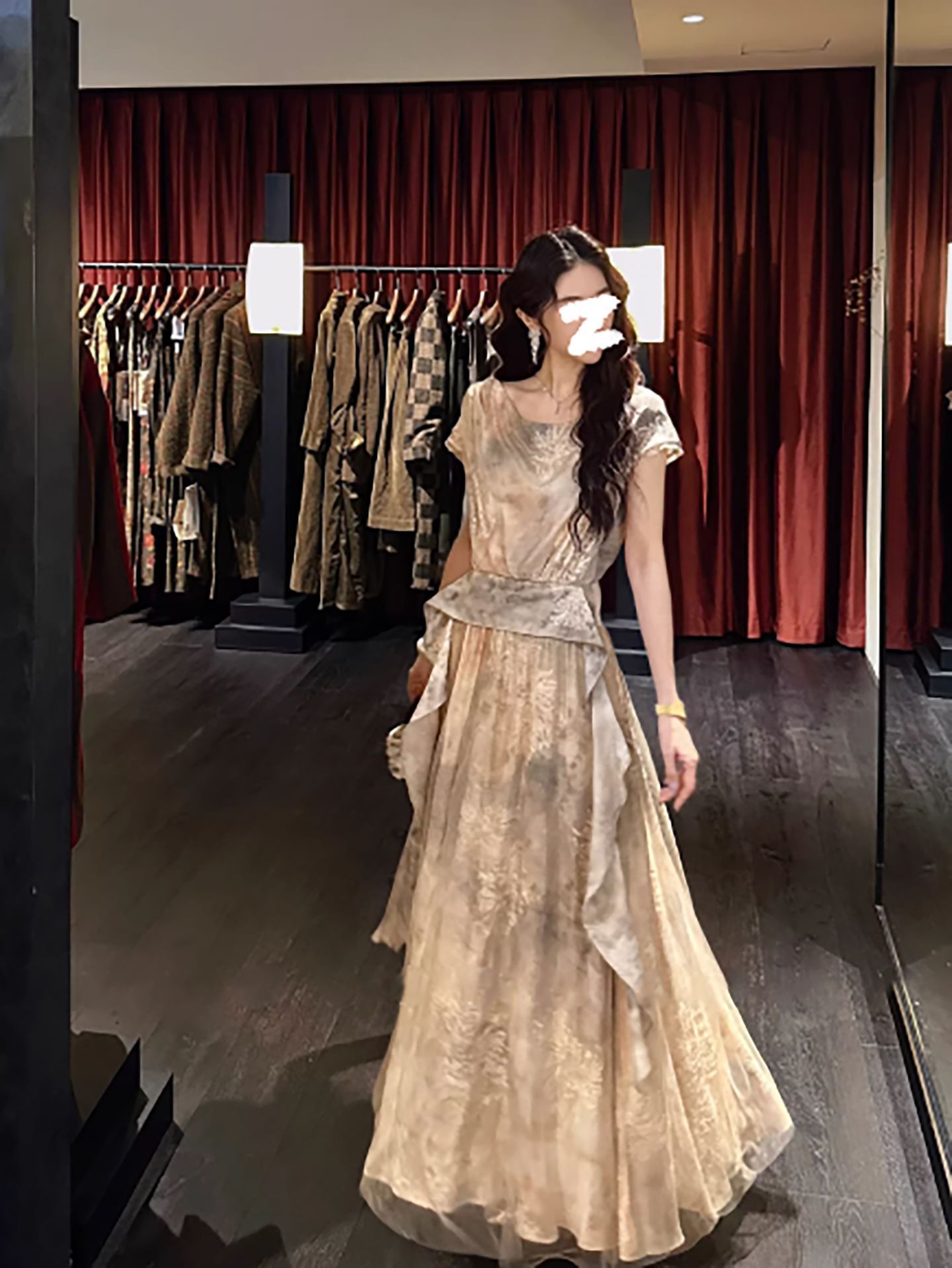 Đầm maxi nữ thắt eo phong cách tân cổ điển, tay ngắn, thêu hoa kết hợp voan nhiều tầng — Bột đào