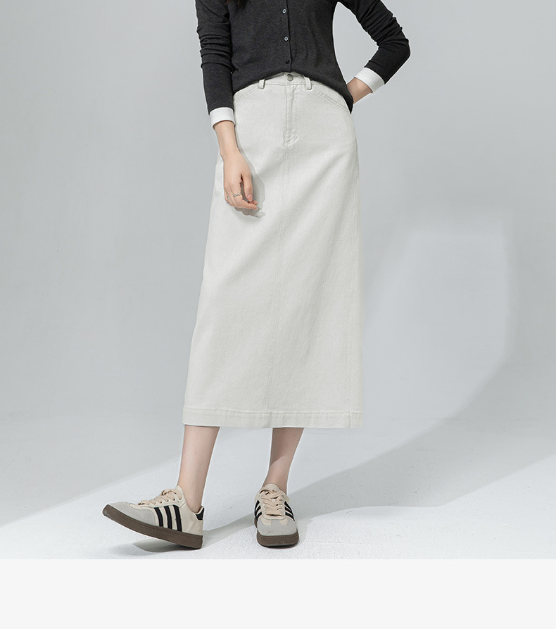 Váy denim trắng nữ cạp cao bút chì phong cách tối giản dài midi — Màu xám trắng chi tiết 2