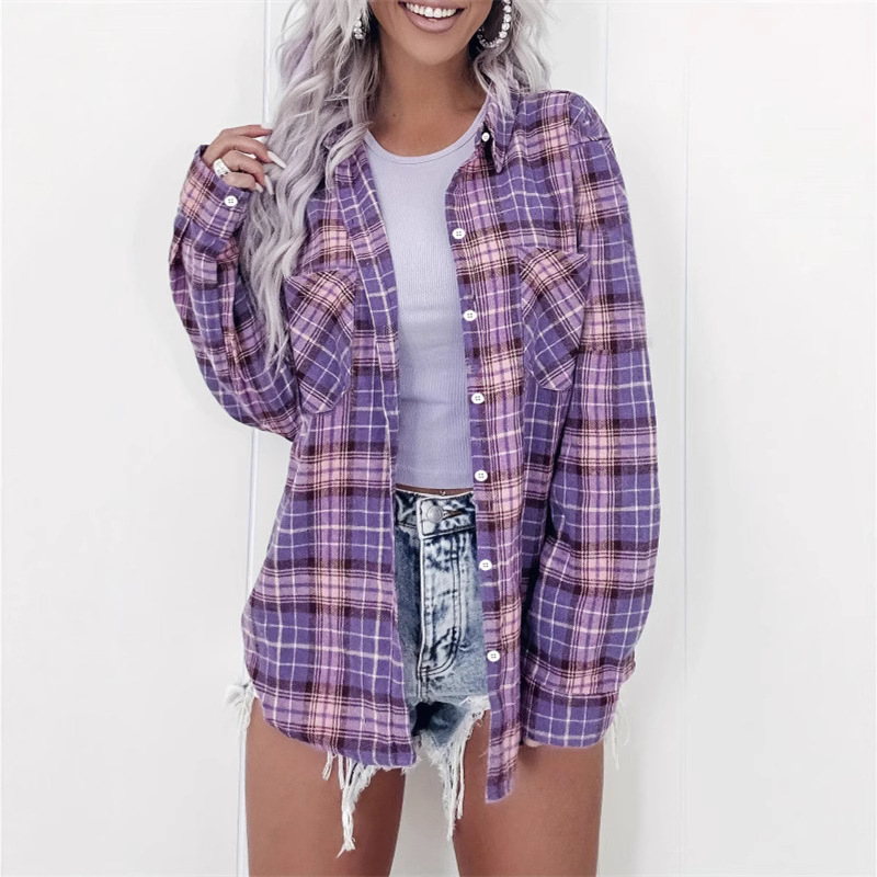 Spring 2025 New Amazon European and American Cross-border Women's Plaid Cardigan Printed Long Sleeve Lel Shirt