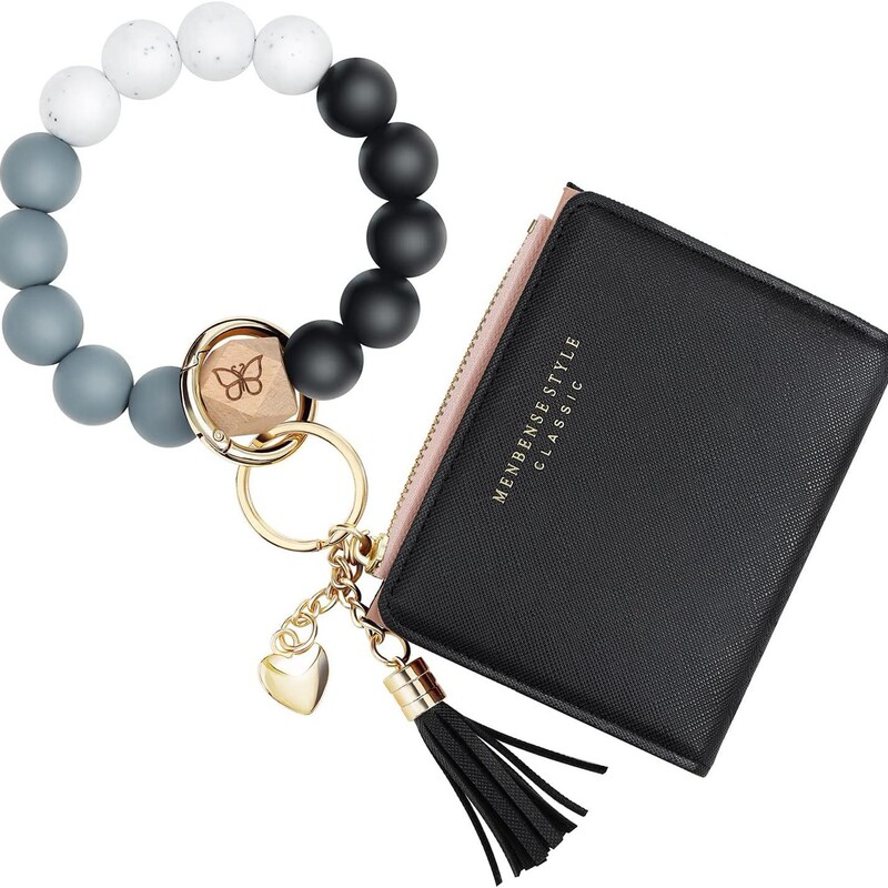 Keychain Bracelet Wristlet with Wallet Card Holder Pocket, Tassel Keychain Bangle Keyring Women Black