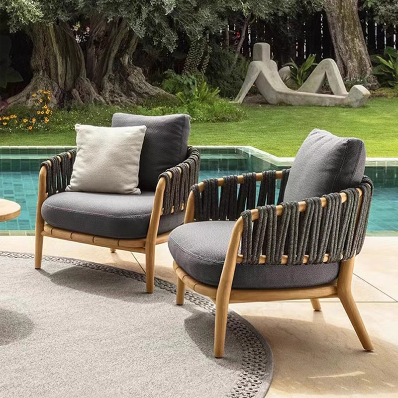Nordic outdoor sofa, teak courtyard rattan coffee table set, balcony open-air villa garden wicker chair waterproof furniture