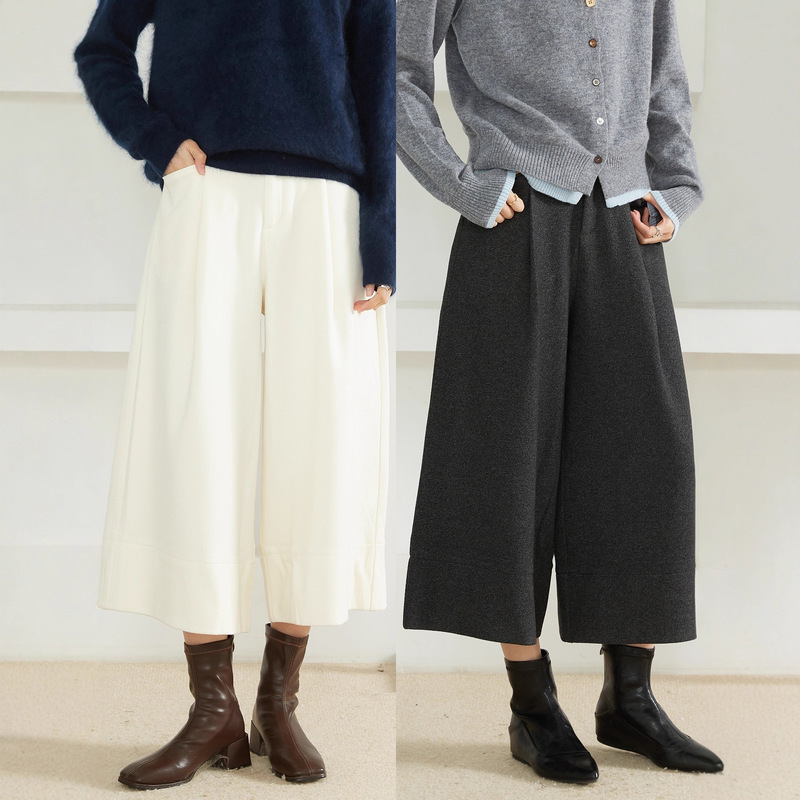High-End Acetate Woolen Culottes, Cropped Wide-Leg Pants for Women, Spring Season, Petite Size, Thickened Straight-Leg Casual Pants