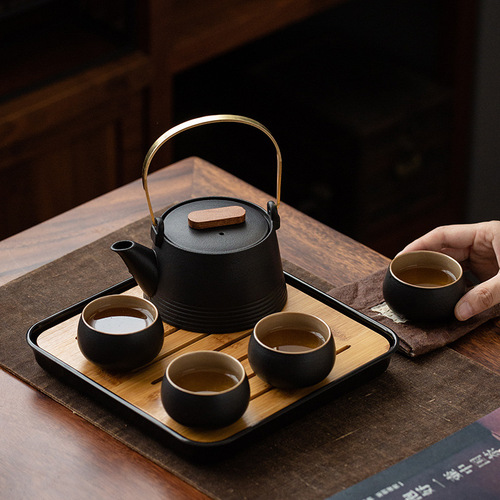 Japanese black pottery tea set with beam, one pot, four cups, tea tray, office home tea set gift box with custom logo