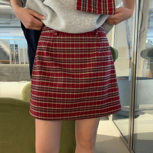 MOXI 十三行女装2025冬季新款休闲红格子短裙女显瘦a字半身裙子