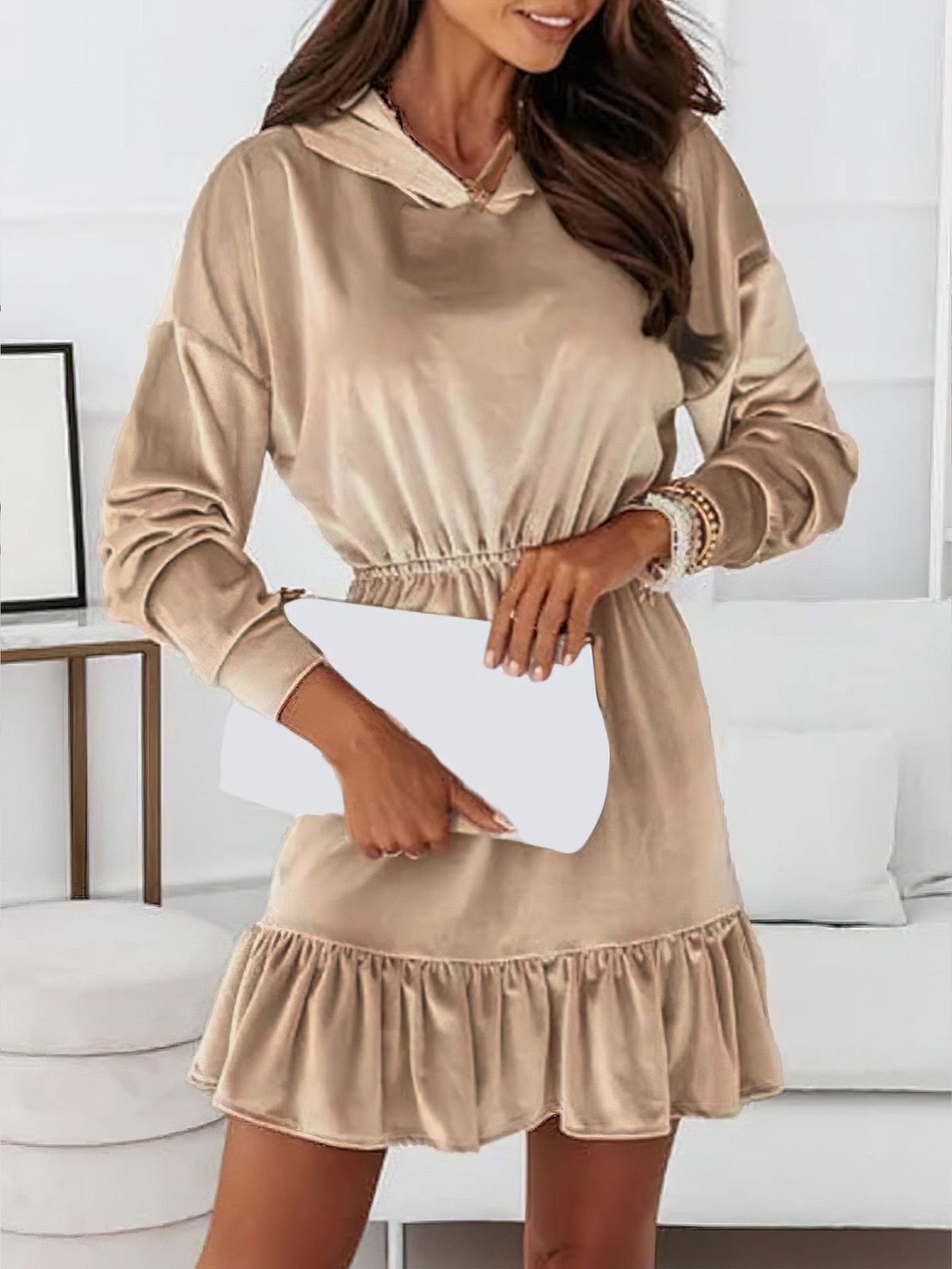 Winter Popular Gold Velvet Casual Hooded Dress