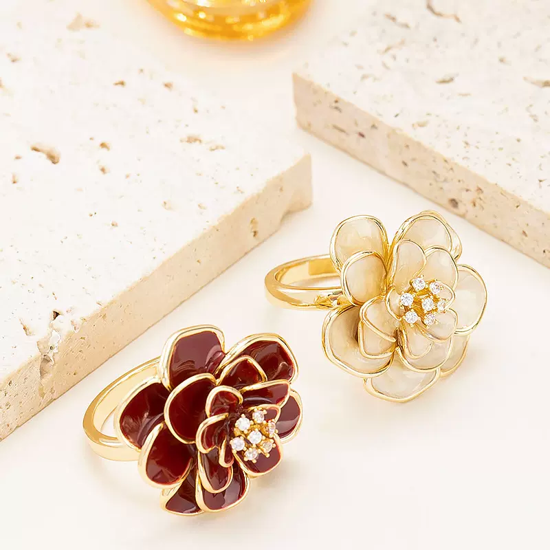 法式优雅精致小香风镶钻滴釉立体花朵开口戒指小众高级感闺蜜手饰