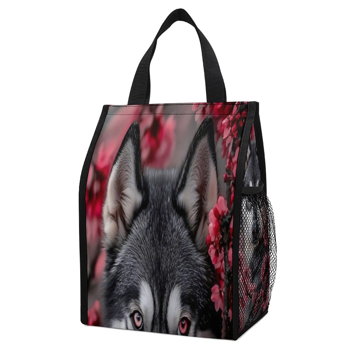 花丛中的哈士奇印花图案手提餐包午餐袋保温袋学生上班外出露营