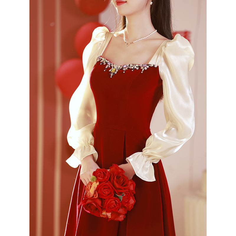 Vestido de novia estilo 2026 en color rojo vino, adecuado para uso diario, con mangas transparentes, vestido de compromiso y vestido de gala para banquete de bodas.