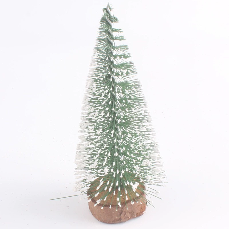 Mini tabletop Christmas tree, snow‑dipped tips, natural wood base, heights 10–40 cm