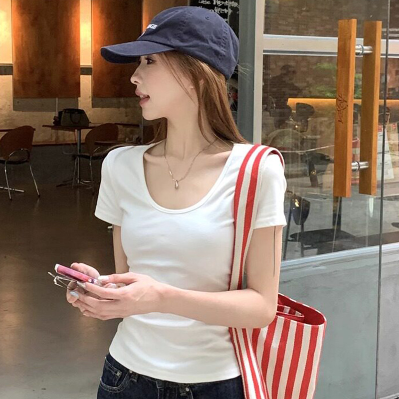 Short-Sleeved V-Neck Basic Solid Color Hot Girl T-Shirt for Women, Summer Slim-Fit Slimming Base Shirt, Waist-Cinching Pure Cotton Short Top