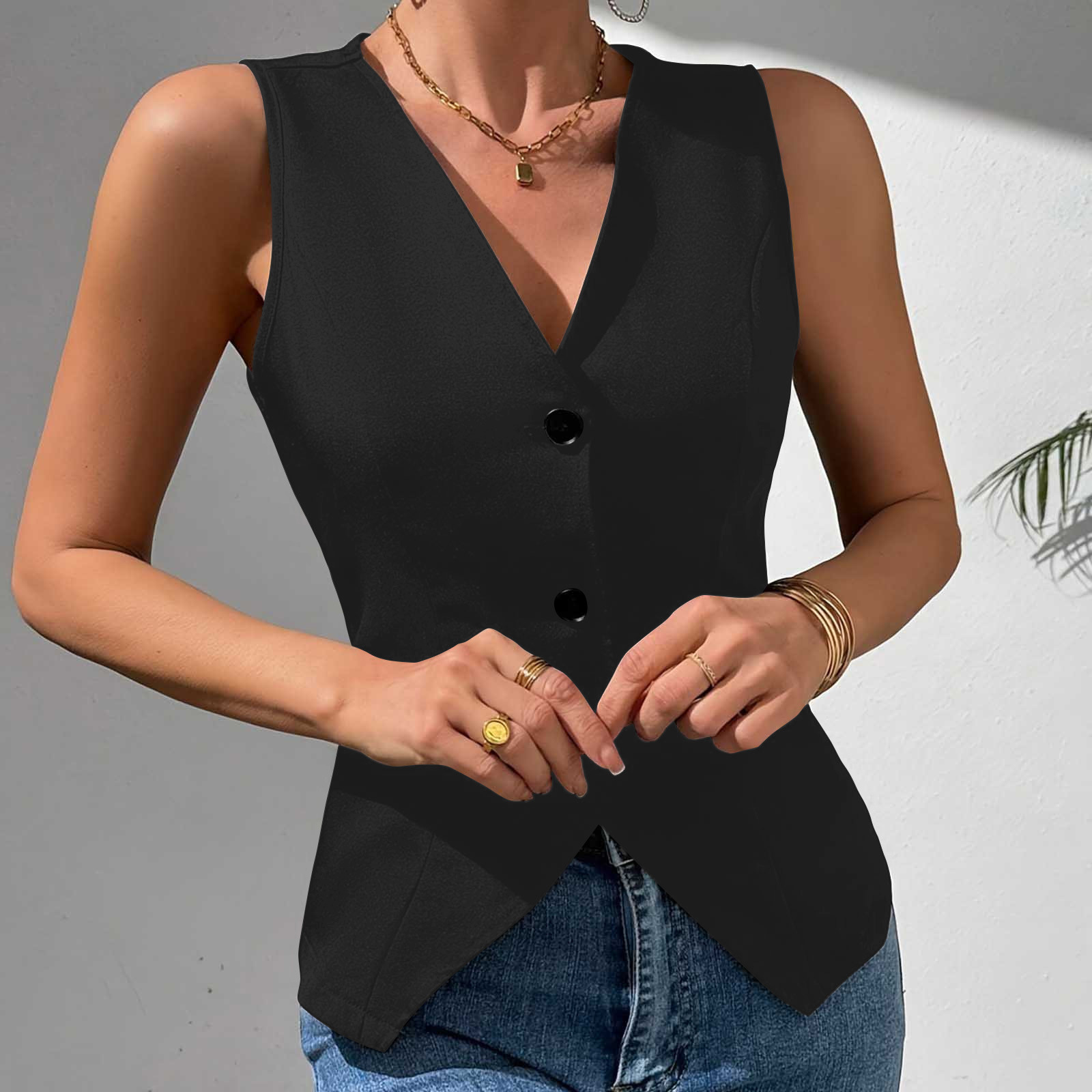 Cross-Border European and American Summer V-Neck Sleeveless Blazer Vest Slim Fit Women's Versatile Chanel-Style Casual Simple Versatile