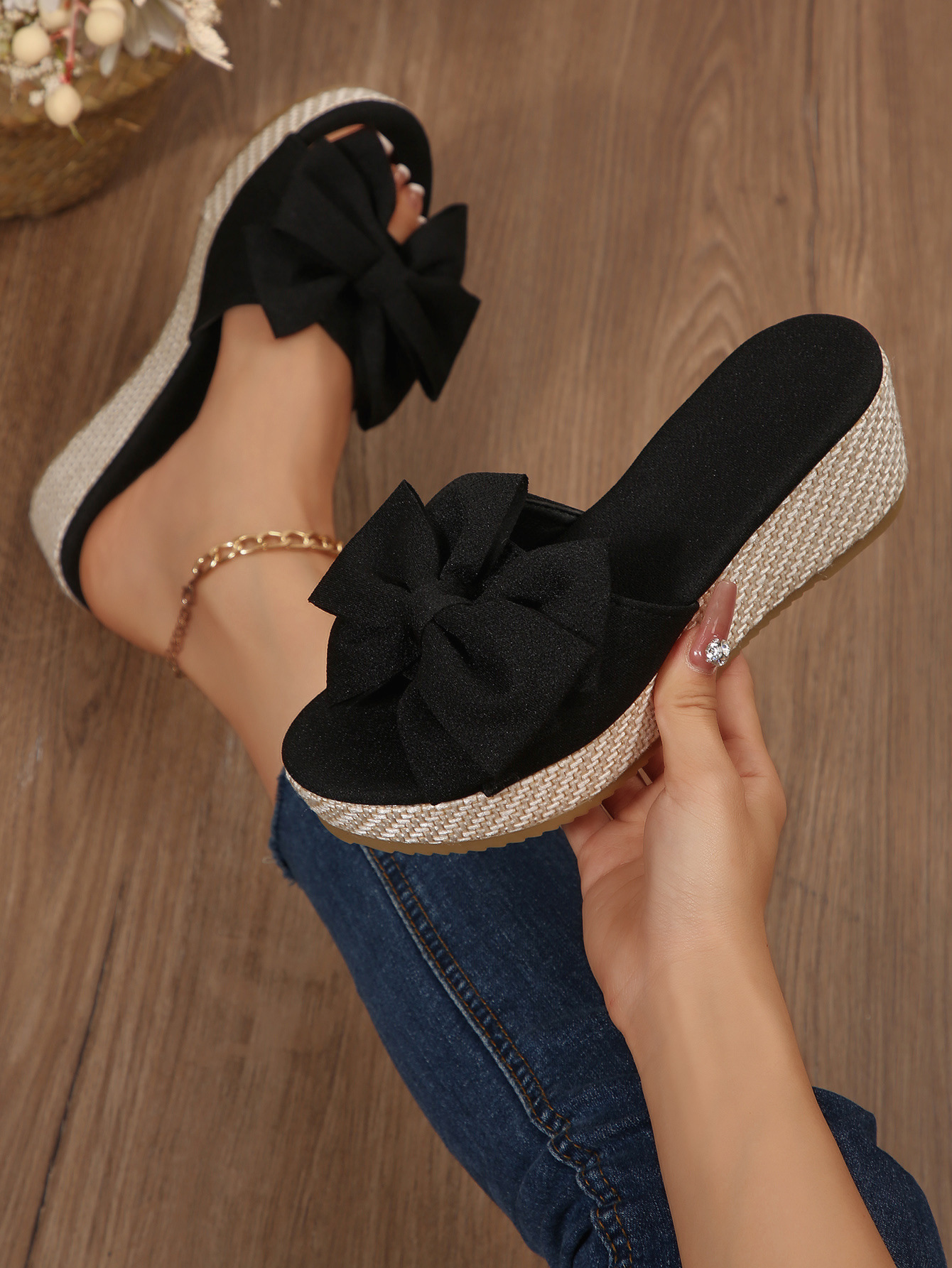 Women's Summer Bow Wedge Sandals European And American Style Thick Sole Platform Fabric Plus Size New Style_vogvips.com