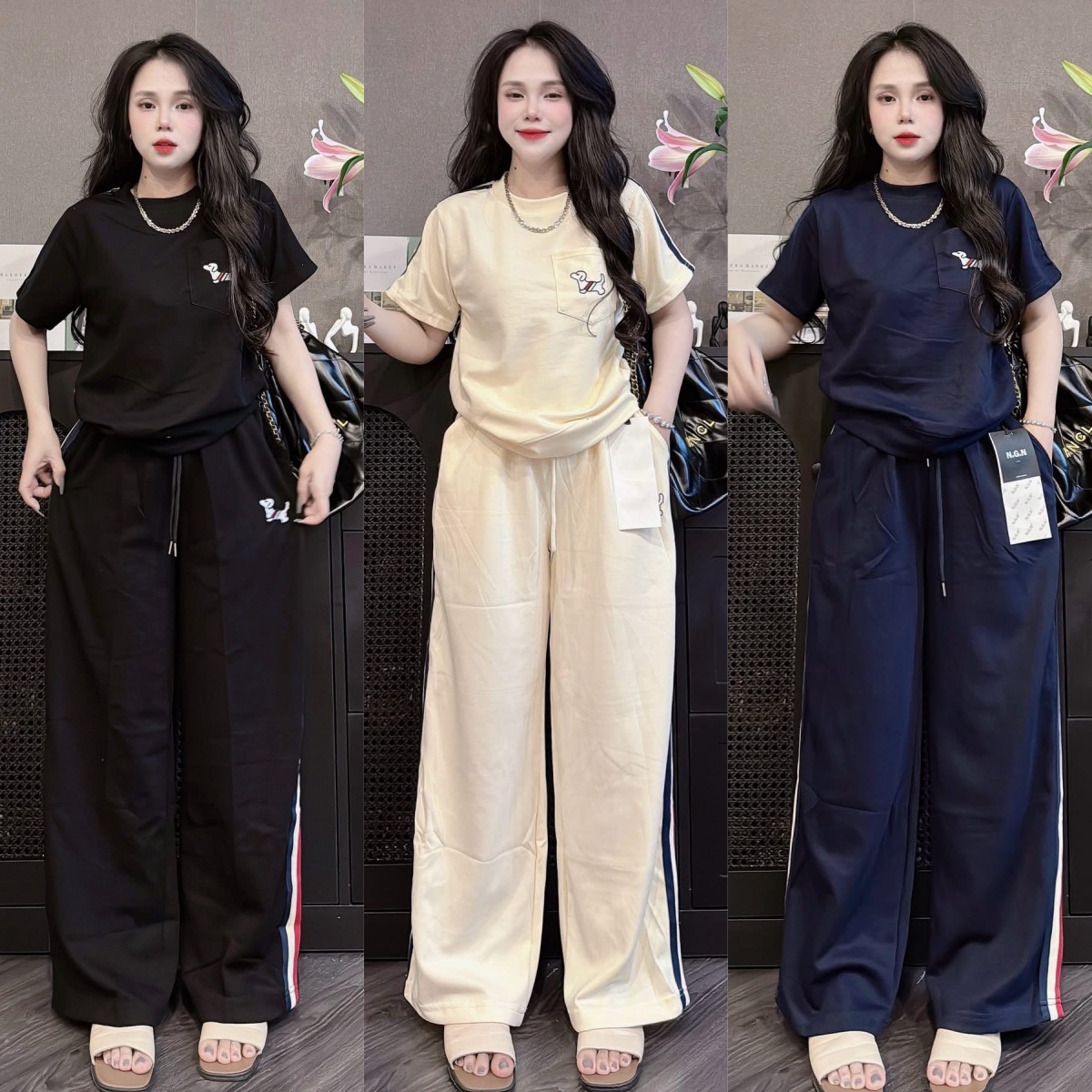 Southeast Asian American Fashion Suit Women's Summer New Puppy Print Short-Sleeved Loose Wide-Leg Pants Casual Two-Piece Set