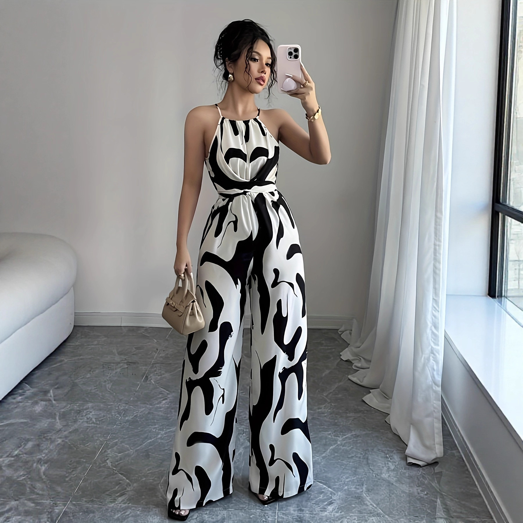2025 Women's Waist Slimming Loose Plus Size Black and White Milk Pattern Printed Wide-Leg Lace-Up Halter Versatile Jumpsuit