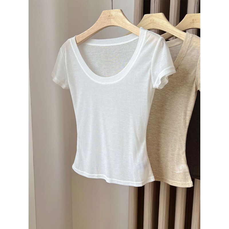 Soft Tencel Mask-Like Short-Sleeve T-Shirt for Women, Summer 2026 New Style, Petite Size, Regular Shoulder, White Thin Ice Silk Top Soft Tencel Mask-Like Short-Sleeve T-Shirt for Women, Summer 2026 New Style, Petite Size, Regular Shoulder, White Thin Ice Silk Top
