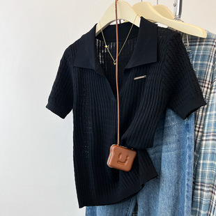 New Pullover Casual Style Design Summer Polo Lapel T-Shirt Knitted Twist Shoulder Top Hot Style
