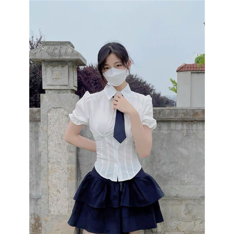 Purely desirable JK white short-sleeve shirt for women, summer college style, waist-cinching, sexy slim-fit versatile puff-sleeve top Purely desirable JK white short-sleeve shirt for women, summer college style, waist-cinching, sexy slim-fit versatile puff-sleeve top