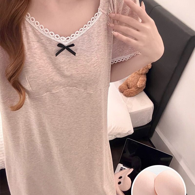 Cute Summer Nightgown with Breast Pads, Women's Pajamas, Knitted Colorful Cotton Lace Pullover, Short-Sleeved Long Dress, Girl's Home Wear