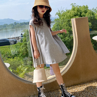 2025 Summer New Style Cloak Girl's Simple Korean Style Loose Irregular Solid Color Long T-shirt Dress dress