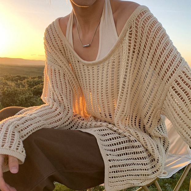 A principios de la primavera, la nueva camisa de punto holgada de viento perezoso, hombro abierto, camisa de verano relajada, camisa de protección solar exterior, camisa de mujer