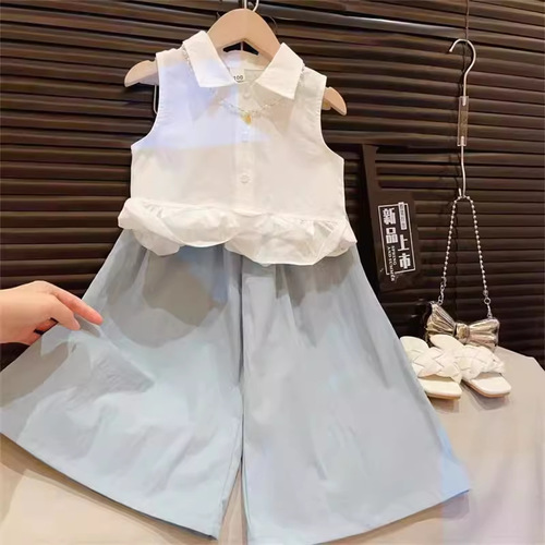 Girls' Little Flying Sleeve Set 2024 Summer New Stylish Design Sensory Sleeveless Cotton Shirt Wide Leg Pants Two-Piece Set