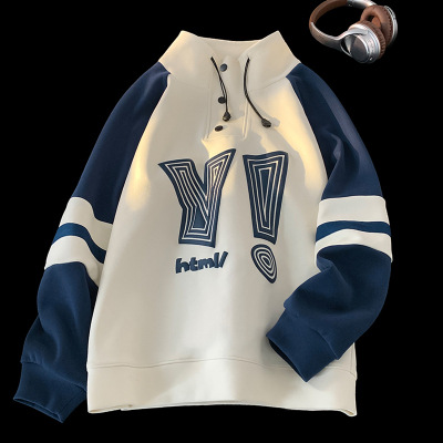 Spring men's standing collar hoodie with contrasting color design and patchwork printed sports pullover for men_voghion.com