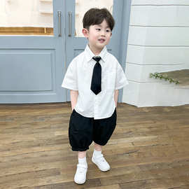 男童学院风短袖衬衫2025新款儿童洋气领带上衣夏装宝宝短裤套装潮