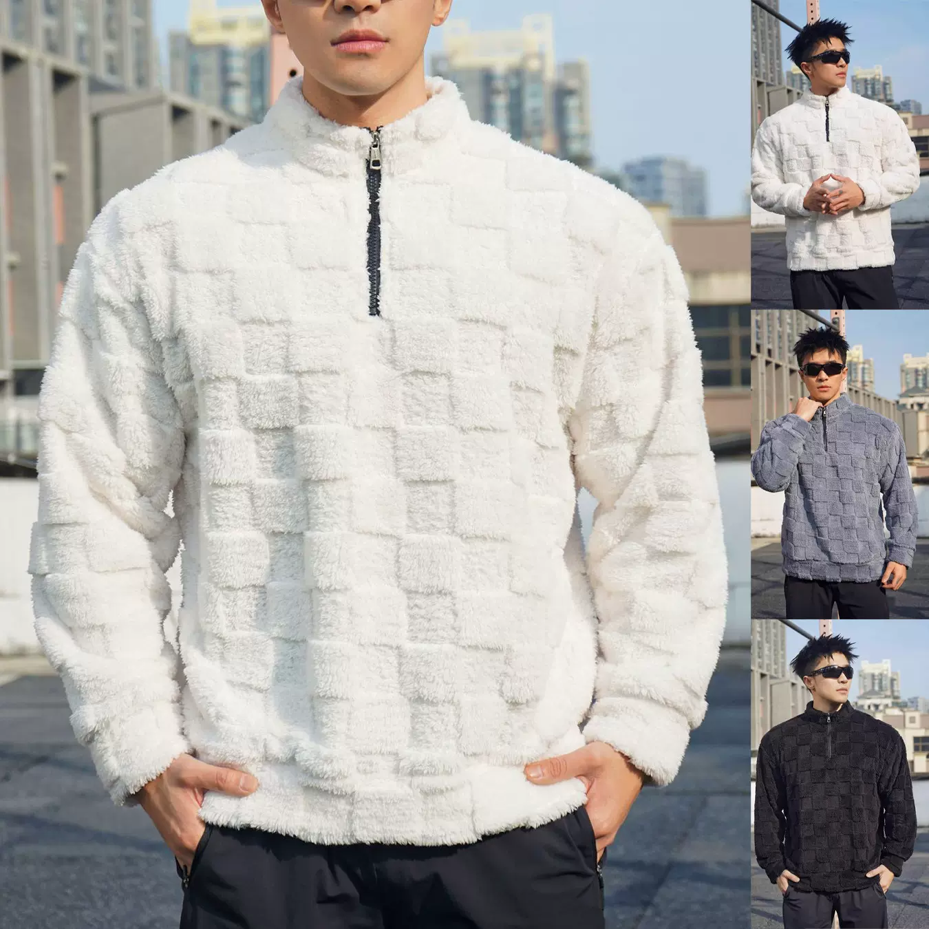 新款冬季立领男士休闲运动毛毛外套宽松大码半拉链卫衣肌肉宽松