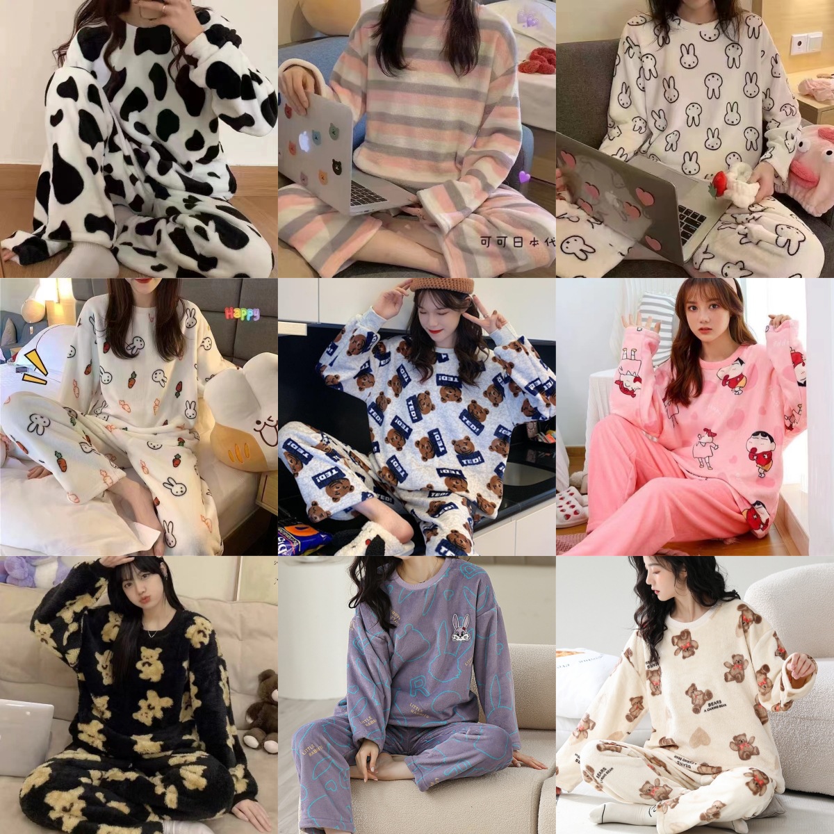 Otoño y invierno pijama de mujer punto pequeño conejo flanel engrosado dulce dibujos animados casuales manga larga cálida coral conjunto de terciopelo