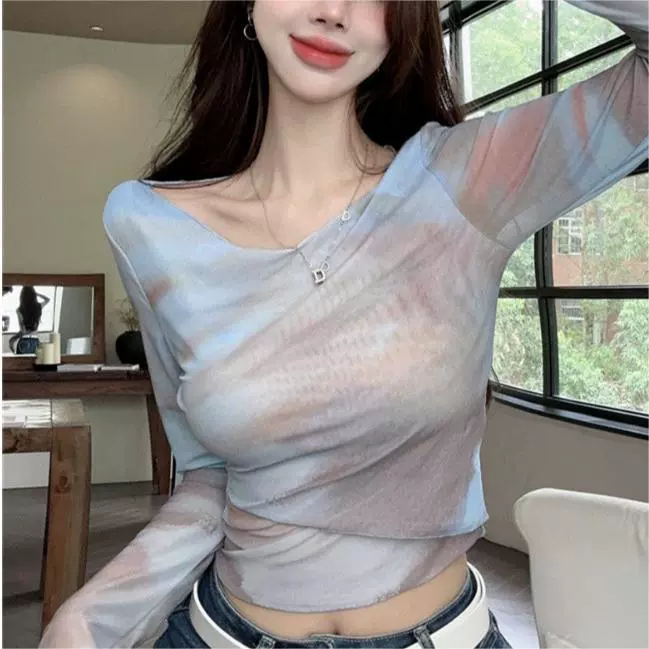 Тонкий облегающий топ для девочек с круглым вырезом и узкой талией, сетчатая синяя Солнцезащитная рубашка, женская верхняя одежда с длинными рукавами, короткая одежда с принтом тай-дай