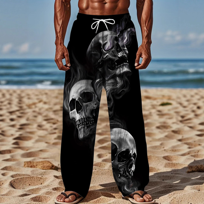Cross-Border Foreign Trade Summer Men's New Fashion Trousers Horror Skull Element Pattern Printed Casual Wide-Leg Trousers